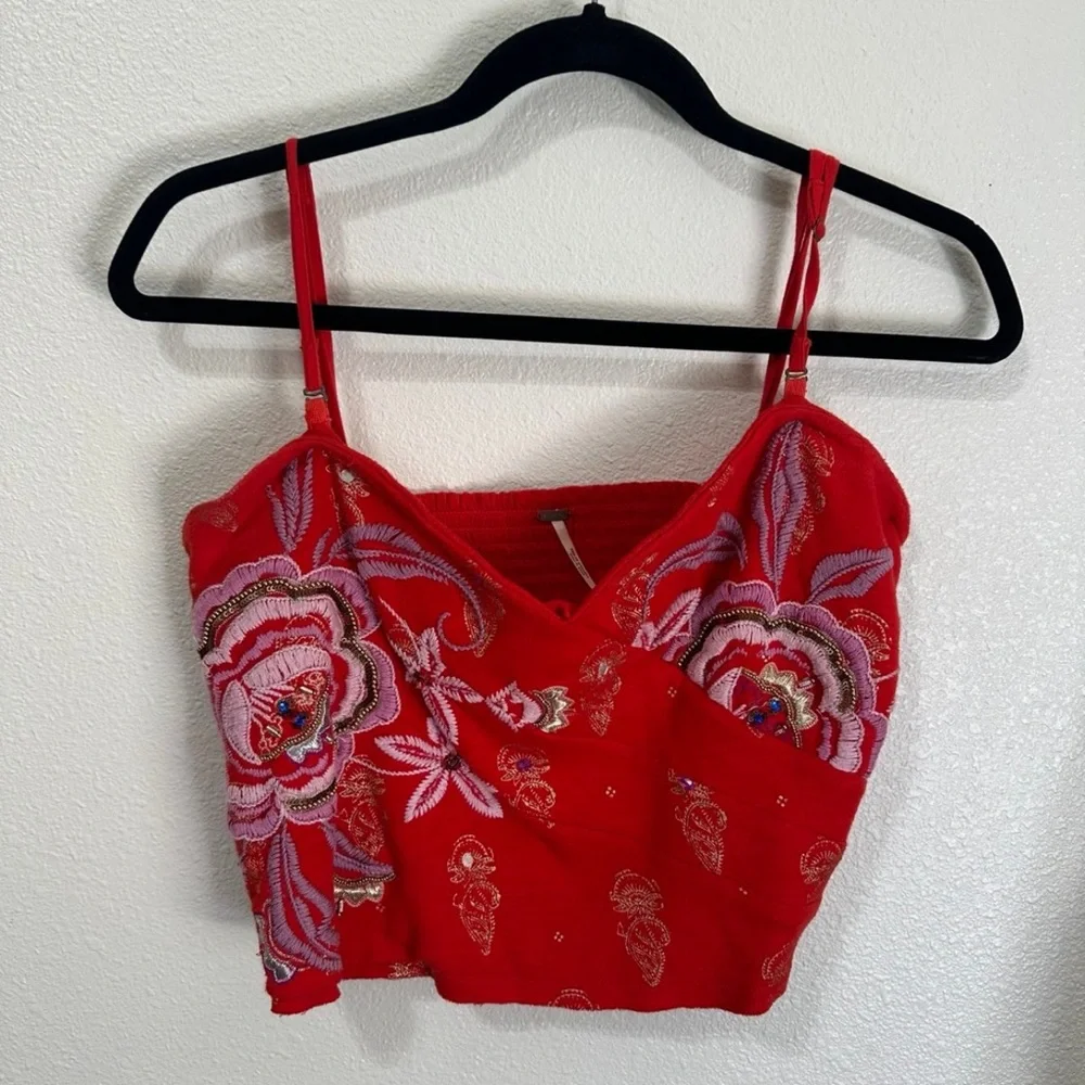 Free People Red Floral Embroidered Crop Top - Picture 1 of 2